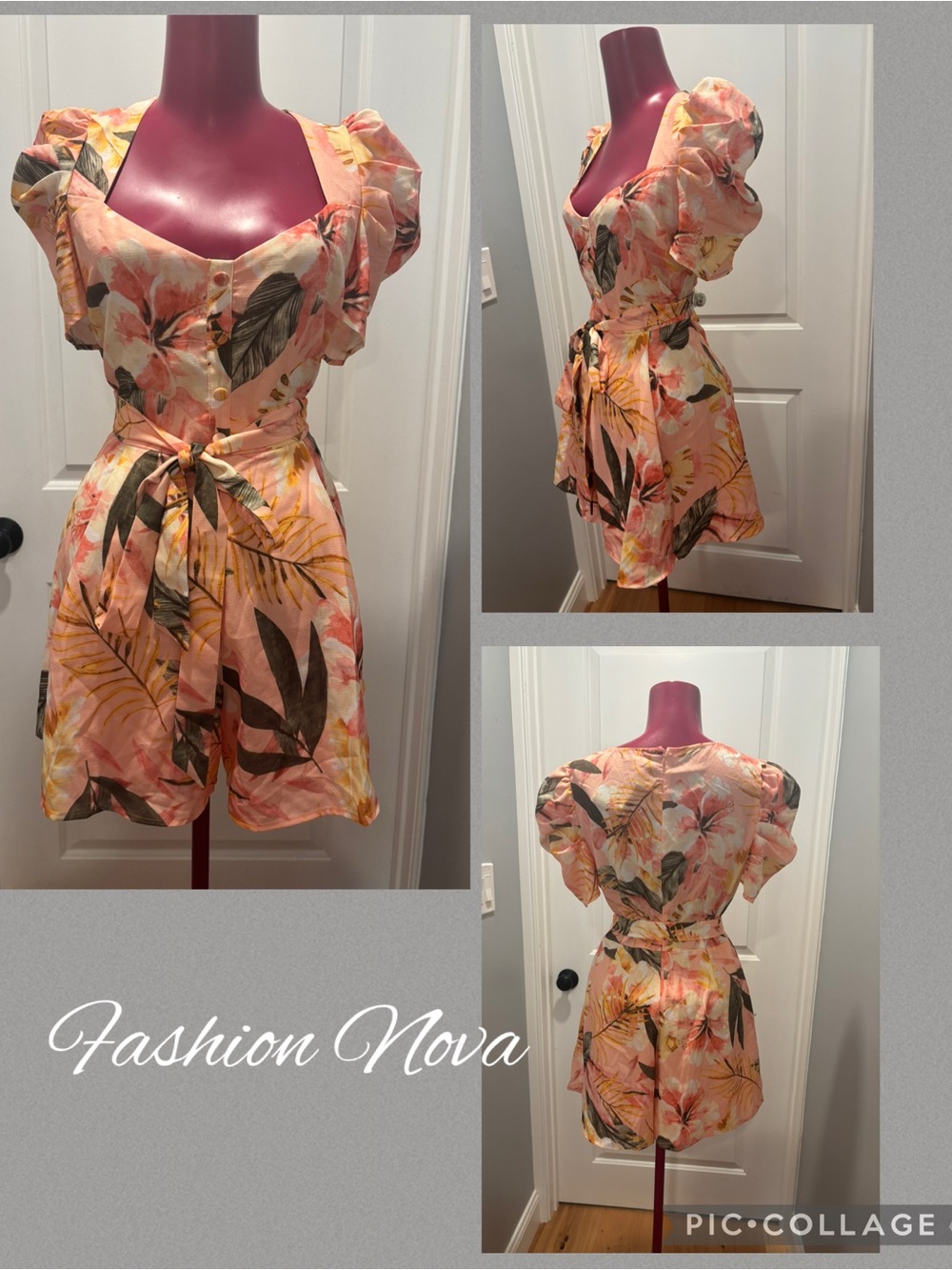 Floral Tie-Waist Romper in Peach and Green size L
